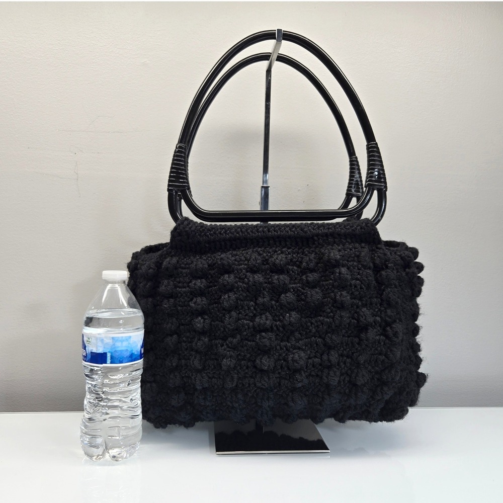 Women Macrame Tote Bag Medium Black Swiss Dot Retro 70s Festival Boho Whimsigoth